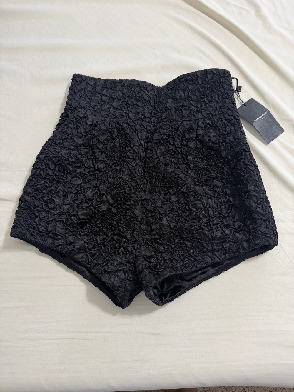 Brand New Saint Laurent Paris black Silk/Satin high waisted bubble shorts fr36